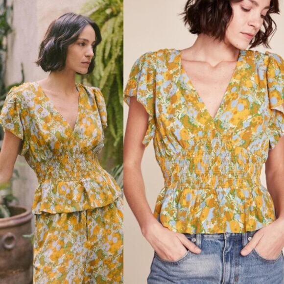 NWT Trovata Birds of Paradis V-Neck Paloma Blouse Golden Briar Yellow Floral - Picture 1 of 8
